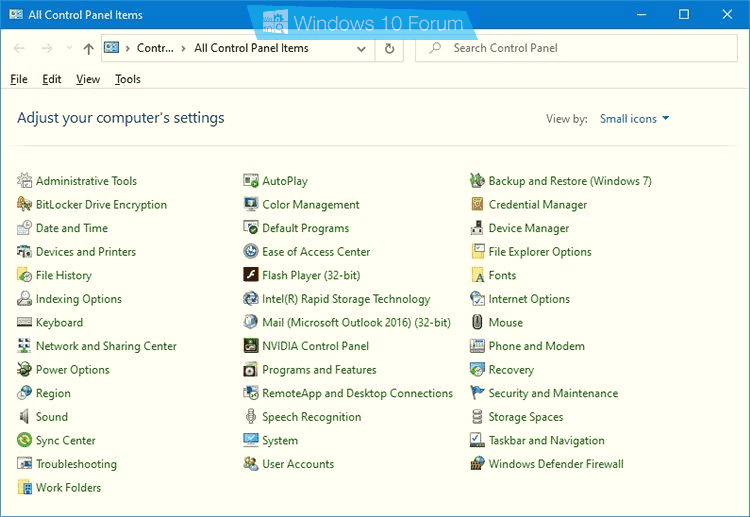 All Control Panel Items Windows 10